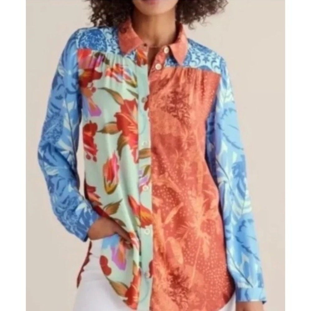 Soft Surroundings Floral Mixed Print Button Up Blouse Size Medium Bohoโ Cottage